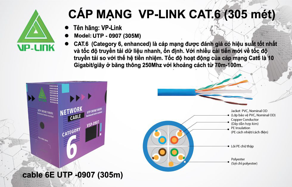 Cáp mạng Cat 6E UTP VSP-0907 (350m)